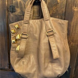 BULGA Tan Leather Tote with Gold Stud Details